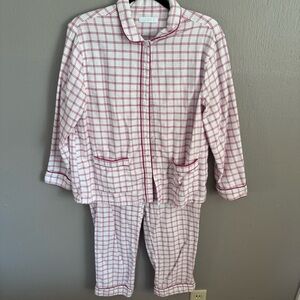 LAKE Red Windowpane Pima Cotton Pajama Set Button Front Top Pants Size L